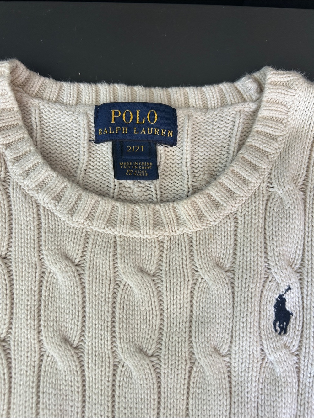Polo by Ralph Lauren Cream Cable Knit Sweater with Navy Pony - size 2T - Picture 3 of 6